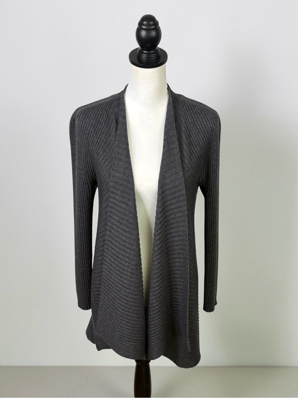 EILEEN FISHER Charcoal Gray Merino Wool Ribbed Open Cardigan PL Petite Large